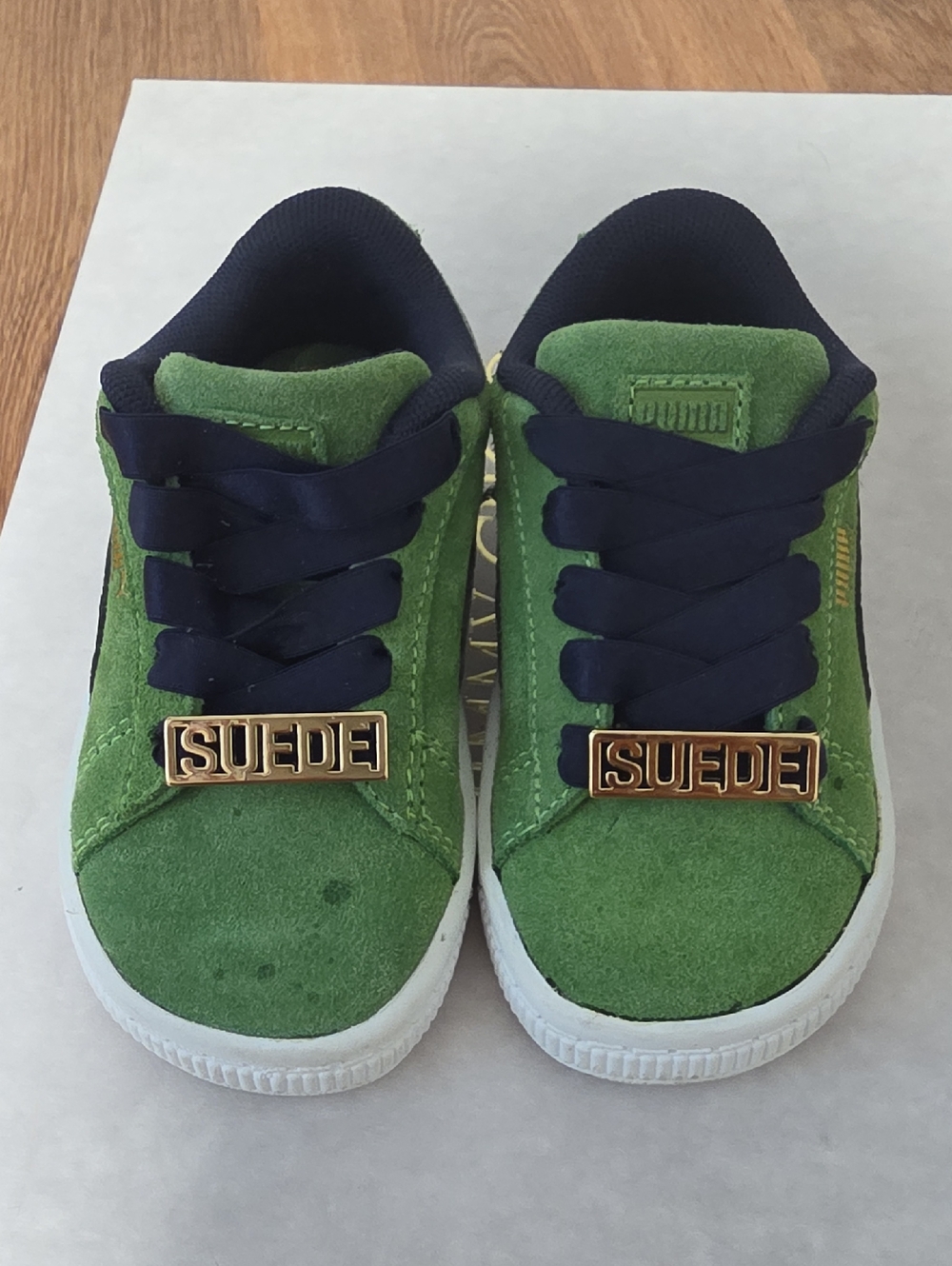 Puma Toddler Green Suede Trainers with Navy Accents